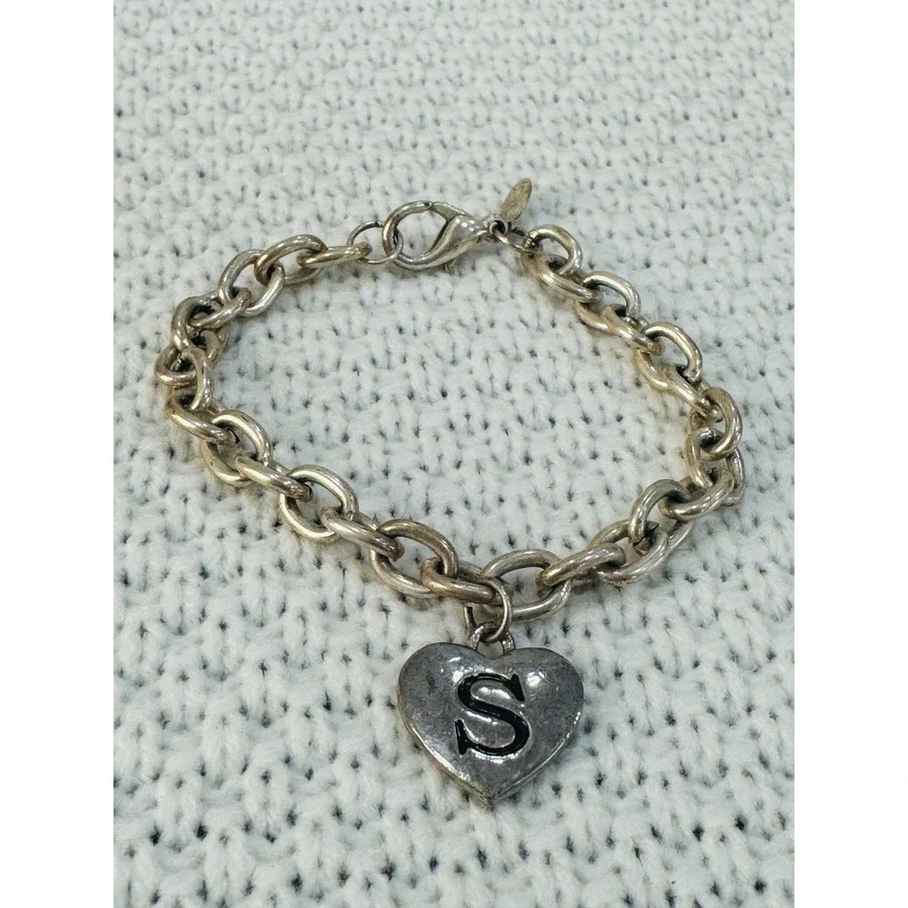 Disney Mickey Mouse Initial S Heart Charm Bracelet Silver Tone 7.25
